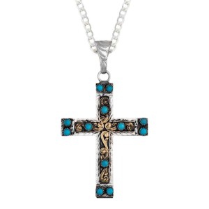 A custom silver cross pendant necklace for men and women, western-inspired design. featuring turquoise beads