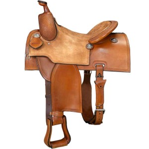 A rancher western saddle featuring a full suede seat and partial basket weave tooled leather, customizable seat size and color, and personalized conchos