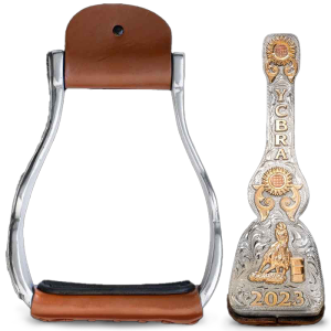 A custom set of stirrups built on aluminum featuring personalized lettering and a barrel racer bronze figure 