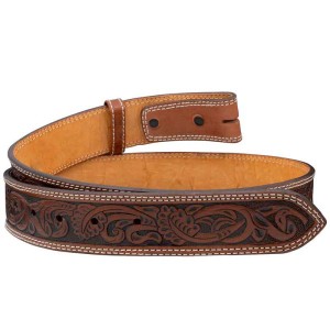 A brown full grain leather belt for men  featuring tooled vines 