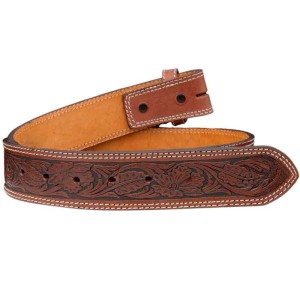 A brown full grain leather belt for women featuring tooled floral pattern 