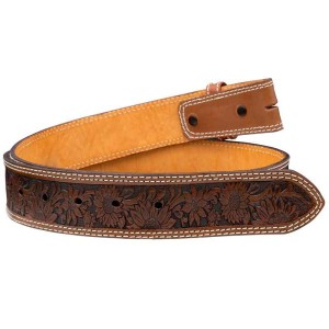 A brown full grain leather belt for women featuring tooled sunflower pattern 