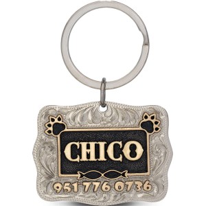 A custom cat tag with personalized engraved bronze lettering built on a silver base, featuring paws and fish, western designed 