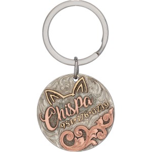 A custom cat tag with personalized engraved copper lettering built on a circle-shaped base, featuring cat ears figure, western designed 