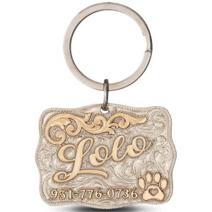 A custom dog tag with personalized engraved bronze lettering built on a german silver base, featuring a golden paw, western designed