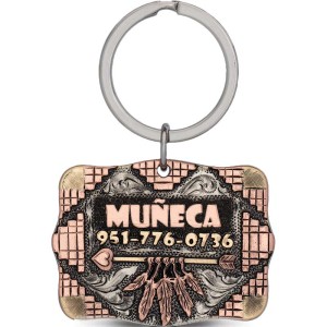 A custom dog tag with personalized engraved copper lettering, built on a square copper lettering, featuring arrow and feathers figures, western designed 