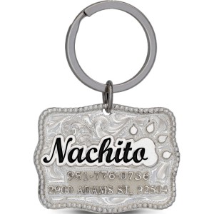 A custom cat tag with personalized engraved silver lettering built on a silver plated base, featuring a cat paw, western designed 