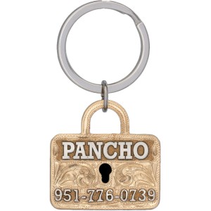 A custom dog tag with personalized engraved silver lettering built on a lock-shaped golden base, western designed 