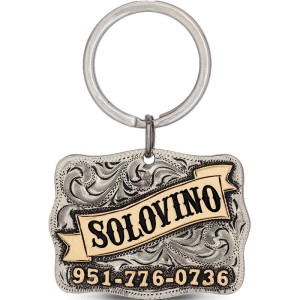 A custom dog tag with personalized engraved bronze lettering built on a square antiqued silver base, western designed 