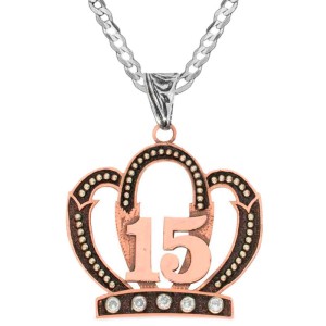 A custom pendant necklace built on a matted copper base in the shape of a crown with a 15 number figure 