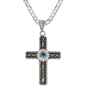 A custom silver cross pendant necklace for men and women, western-inspired design. featuring barbed wire details and blue zirconia stone