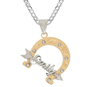 A custom pendant necklace featuring a horseshoe shape and personalized name, with a sterling silver chain 