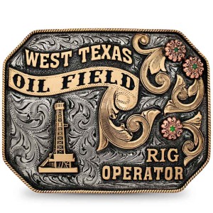 A custom oil belt buckle for men featuring bronze lettering for West Texas Oil Filed Rig Operator and an oil rig bronze figure 