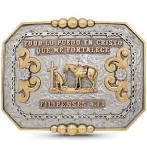 A custom belt buckle for men featuring a personalized faith quote and a golden bronze praying cowboy figure 