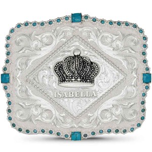 A custom silver and turquoise belt buckle for women featuring a silver crown figure, personalized name and silver plate finish